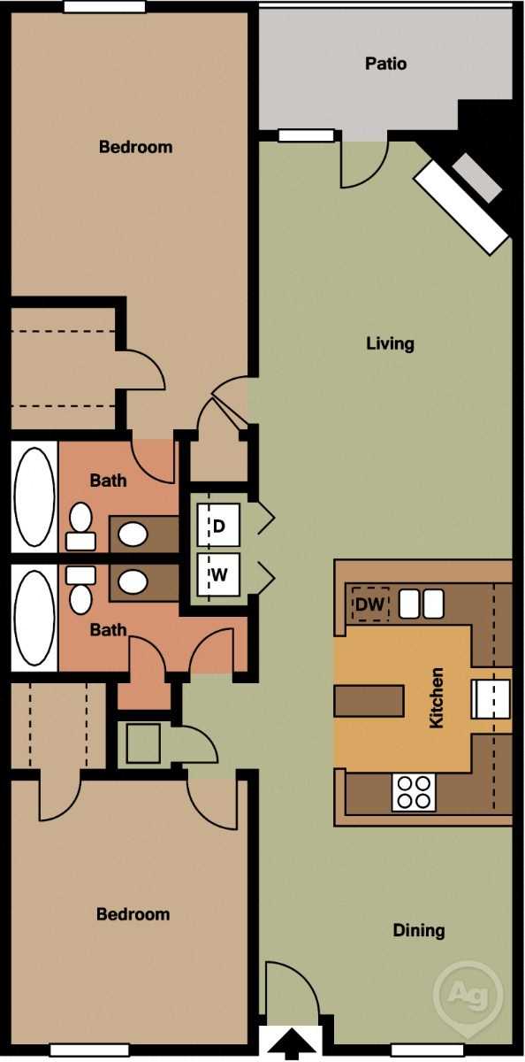Floor plan for 2 beds, 2 baths, 1150 sqft